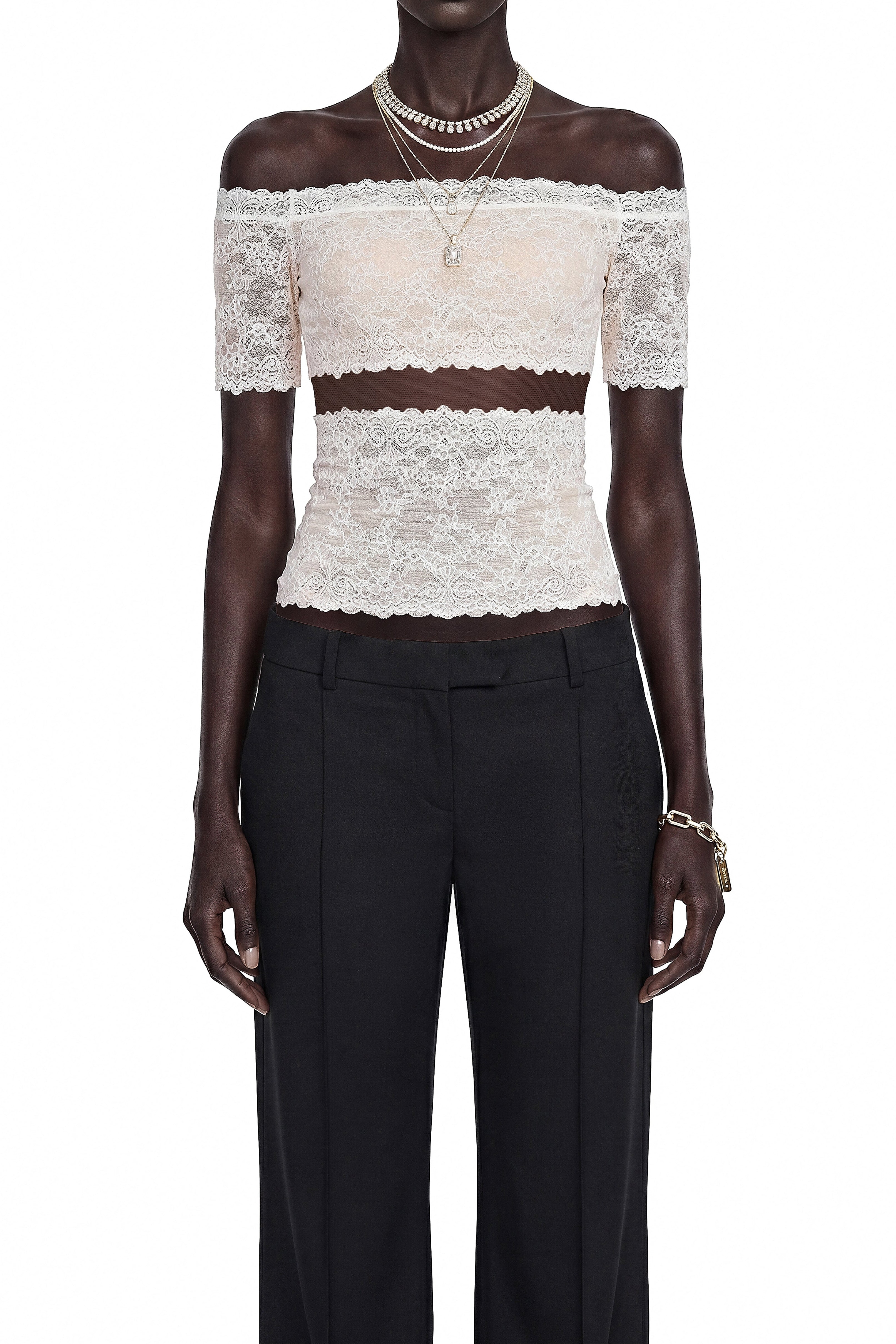 Flowering Girl Women Off Shoulder Sheer Lace Cutout Crop Top
