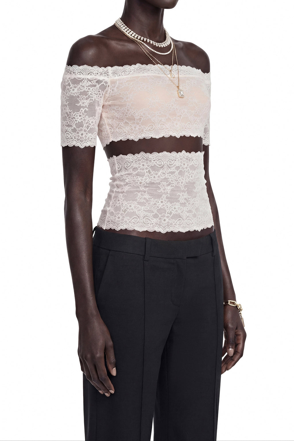 Flowering Girl Women Off Shoulder Sheer Lace Cutout Crop Top
