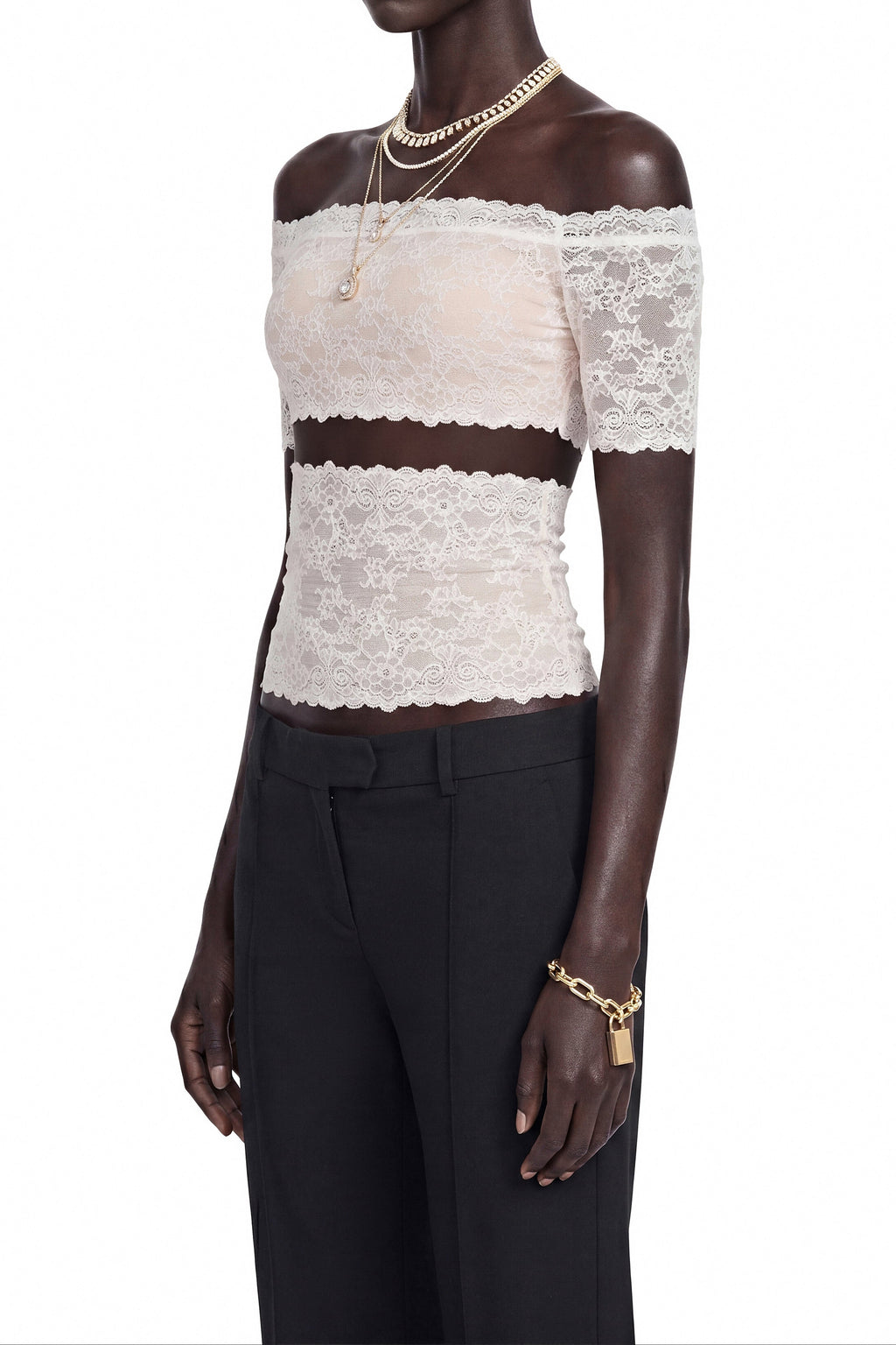 Flowering Girl Women Off Shoulder Sheer Lace Cutout Crop Top