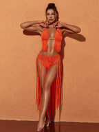 Flowering Girl Women Berlin Knit Fringe Bikini Two Piece Set In Orange