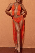 Flowering Girl Women Berlin Knit Fringe Bikini Two Piece Set In Orange