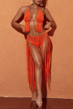 Flowering Girl Women Berlin Knit Fringe Bikini Two Piece Set In Orange