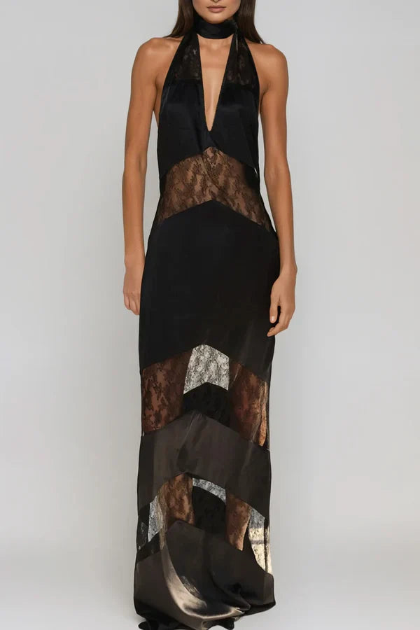 Flowering Girl Women Clora Satin Halter Lace Maxi Dress - Black