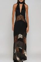 Flowering Girl Women Clora Satin Halter Lace Maxi Dress - Black