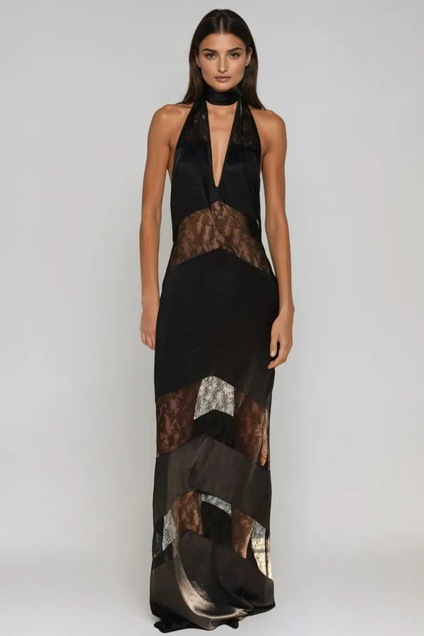 Flowering Girl Women Clora Satin Halter Lace Maxi Dress - Black
