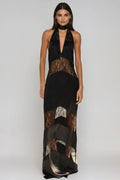 Flowering Girl Women Clora Satin Halter Lace Maxi Dress - Black
