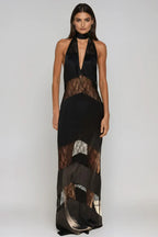 Flowering Girl Women Clora Satin Halter Lace Maxi Dress - Black