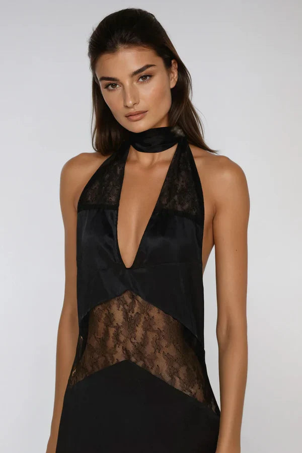 Flowering Girl Women Clora Satin Halter Lace Maxi Dress - Black