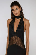 Flowering Girl Women Clora Satin Halter Lace Maxi Dress - Black