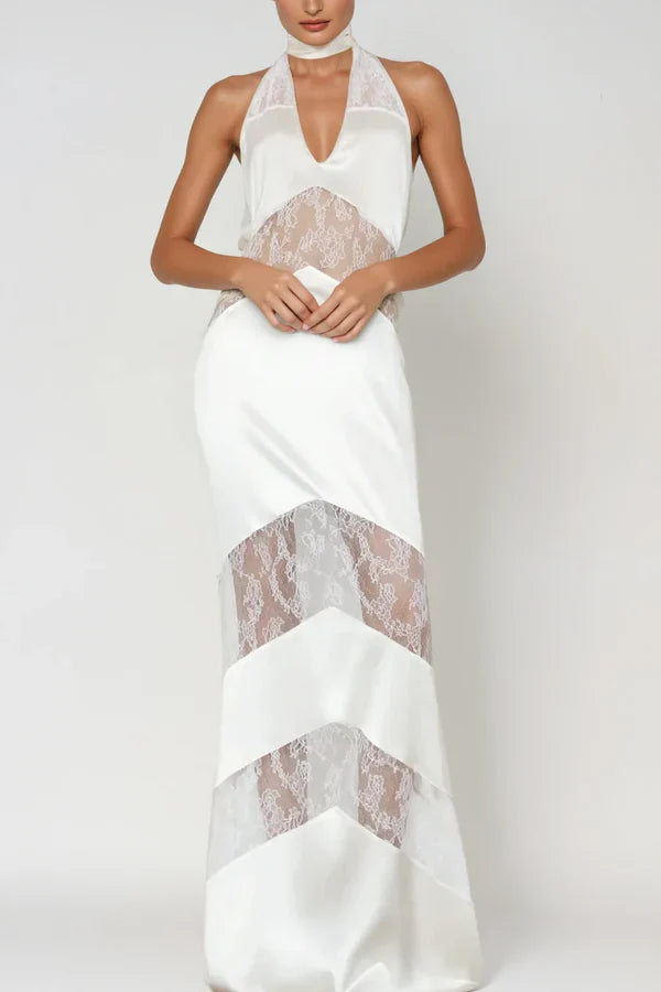 Flowering Girl Women Clora Satin Halter Lace Maxi Dress - White