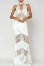 Flowering Girl Women Clora Satin Halter Lace Maxi Dress - White