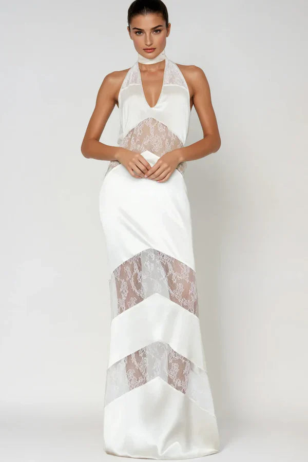 Flowering Girl Women Clora Satin Halter Lace Maxi Dress - White