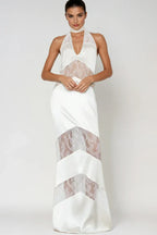 Flowering Girl Women Clora Satin Halter Lace Maxi Dress - White