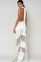 Flowering Girl Women Clora Satin Halter Lace Maxi Dress - White