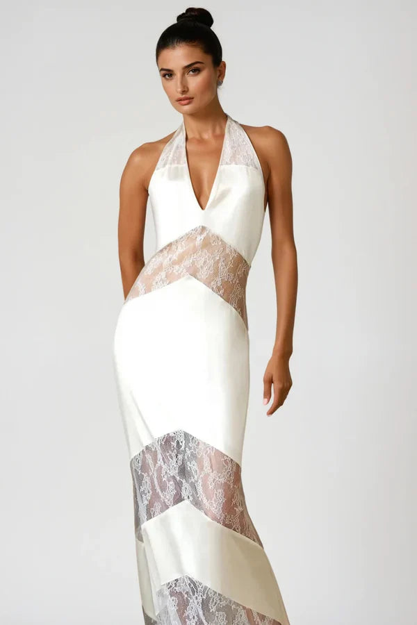 Flowering Girl Women Clora Satin Halter Lace Maxi Dress - White