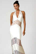 Flowering Girl Women Clora Satin Halter Lace Maxi Dress - White