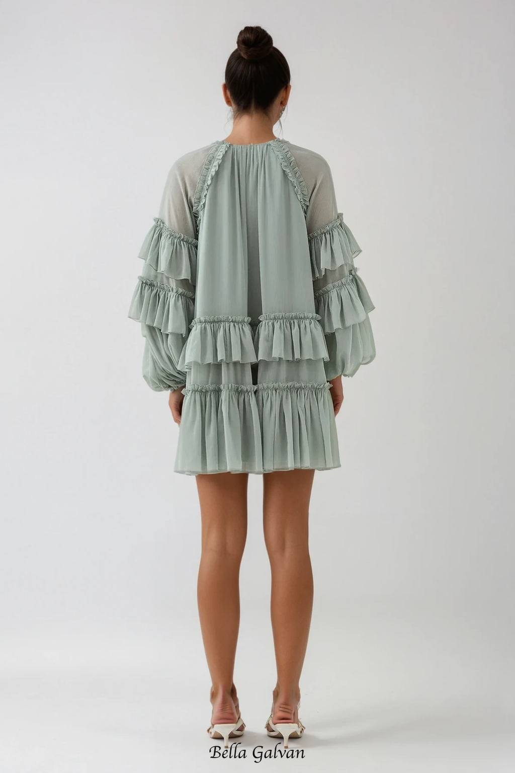 freda Balloon Sleeve Mesh Ruch Ruffle Mini Dress in green