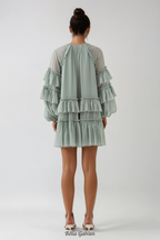 freda Balloon Sleeve Mesh Ruch Ruffle Mini Dress in green