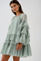freda Balloon Sleeve Mesh Ruch Ruffle Mini Dress in green