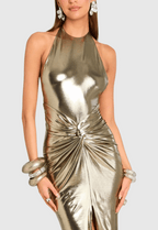 Flowering Girl Women Berton Gold Halter Ruched Backless Split Maxi Dress