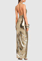 Flowering Girl Women Berton Gold Halter Ruched Backless Split Maxi Dress