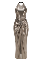 Flowering Girl Women Berton Gold Halter Ruched Backless Split Maxi Dress
