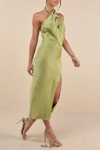 Flowering Girl Women Beyond Classy Chartreuse Satin Halter Midi Dress