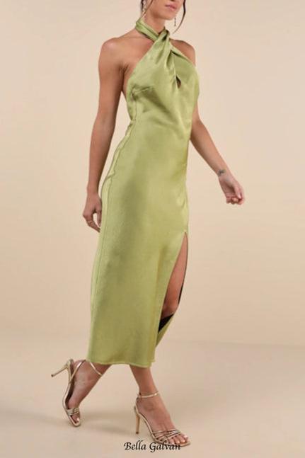 Flowering Girl Women Beyond Classy Chartreuse Satin Halter Midi Dress