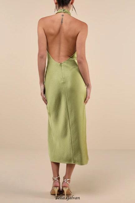 Flowering Girl Women Beyond Classy Chartreuse Satin Halter Midi Dress