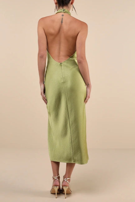 Flowering Girl Women Beyond Classy Chartreuse Satin Halter Midi Dress