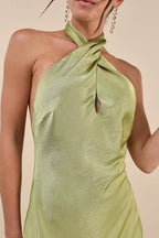 Flowering Girl Women Beyond Classy Chartreuse Satin Halter Midi Dress