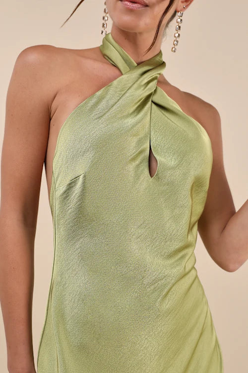 Flowering Girl Women Beyond Classy Chartreuse Satin Halter Midi Dress
