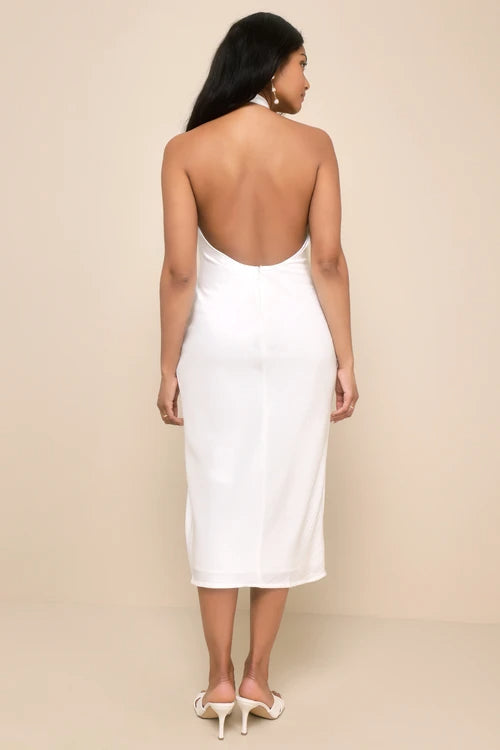 Flowering Girl Women Beyond Classy White Satin Halter Midi Dress