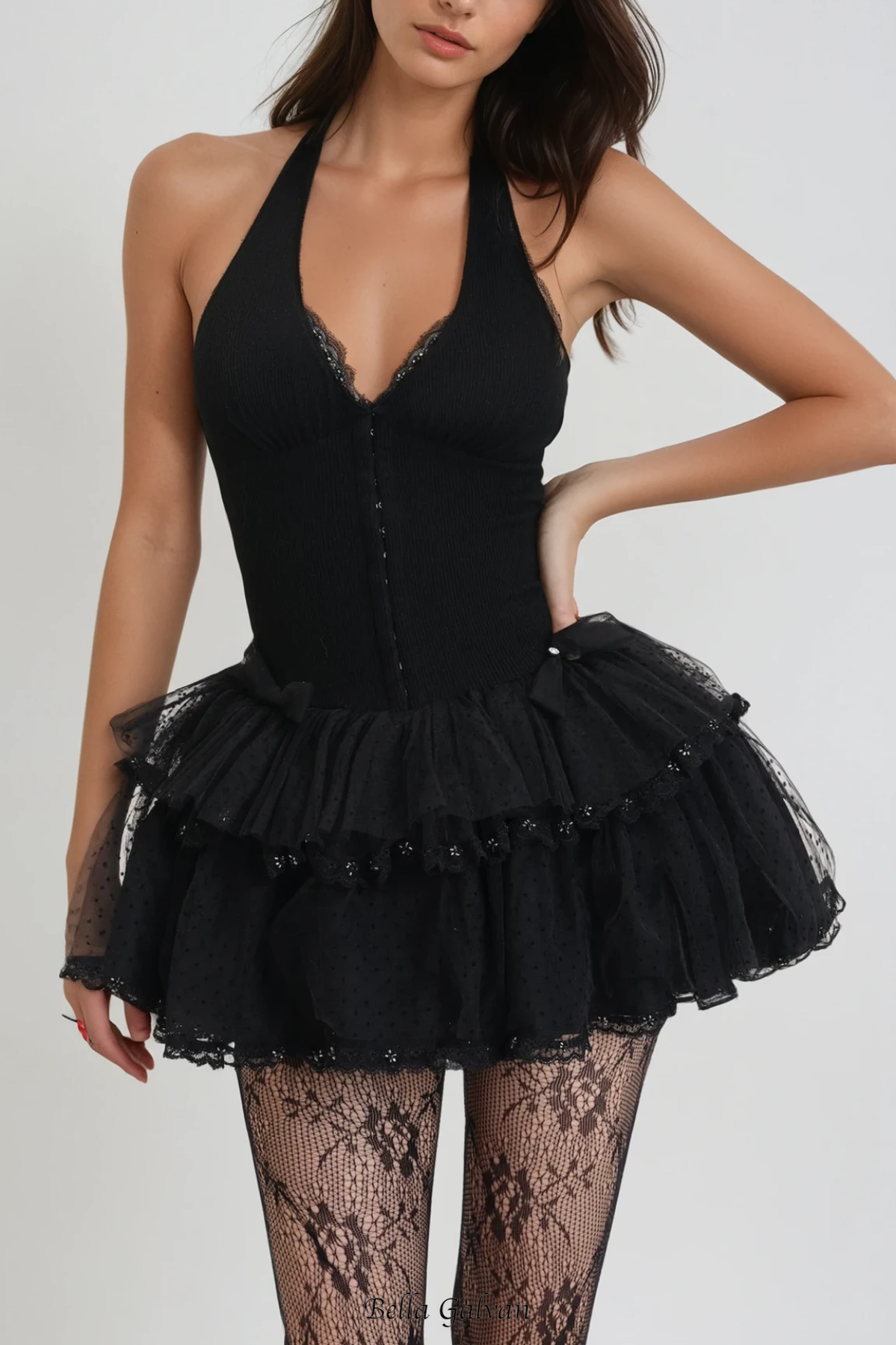 gina Mesh Halter Neck Corset Mini Dress in black