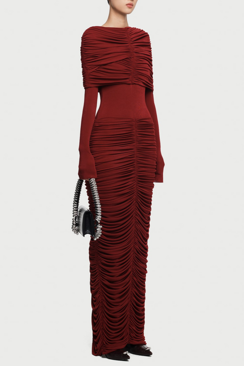 Flowering Girl Women Alice Red Pleated Form-Fitting Maxi Dress With Asymmetrical Draped Shoulder