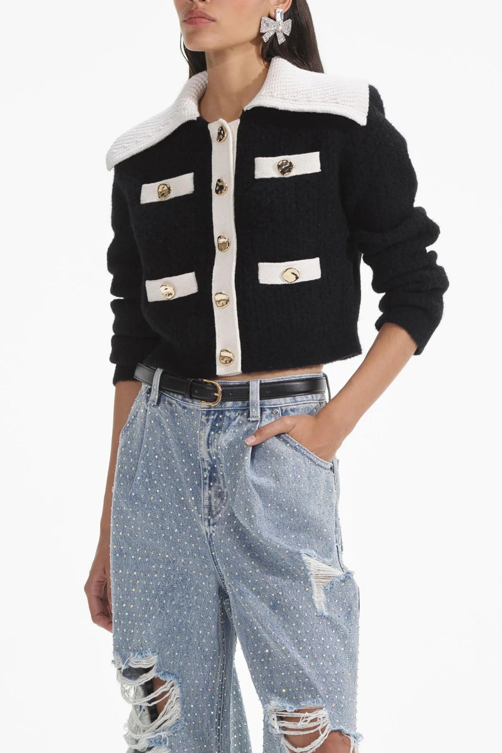 Flowering Girl Women Black Contrast Cashmere Blend Cardigan