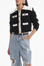 Flowering Girl Women Black Contrast Cashmere Blend Cardigan