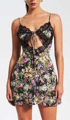 Flowering Girl Women Floral Print Satin Mini Dress With Lace Trim