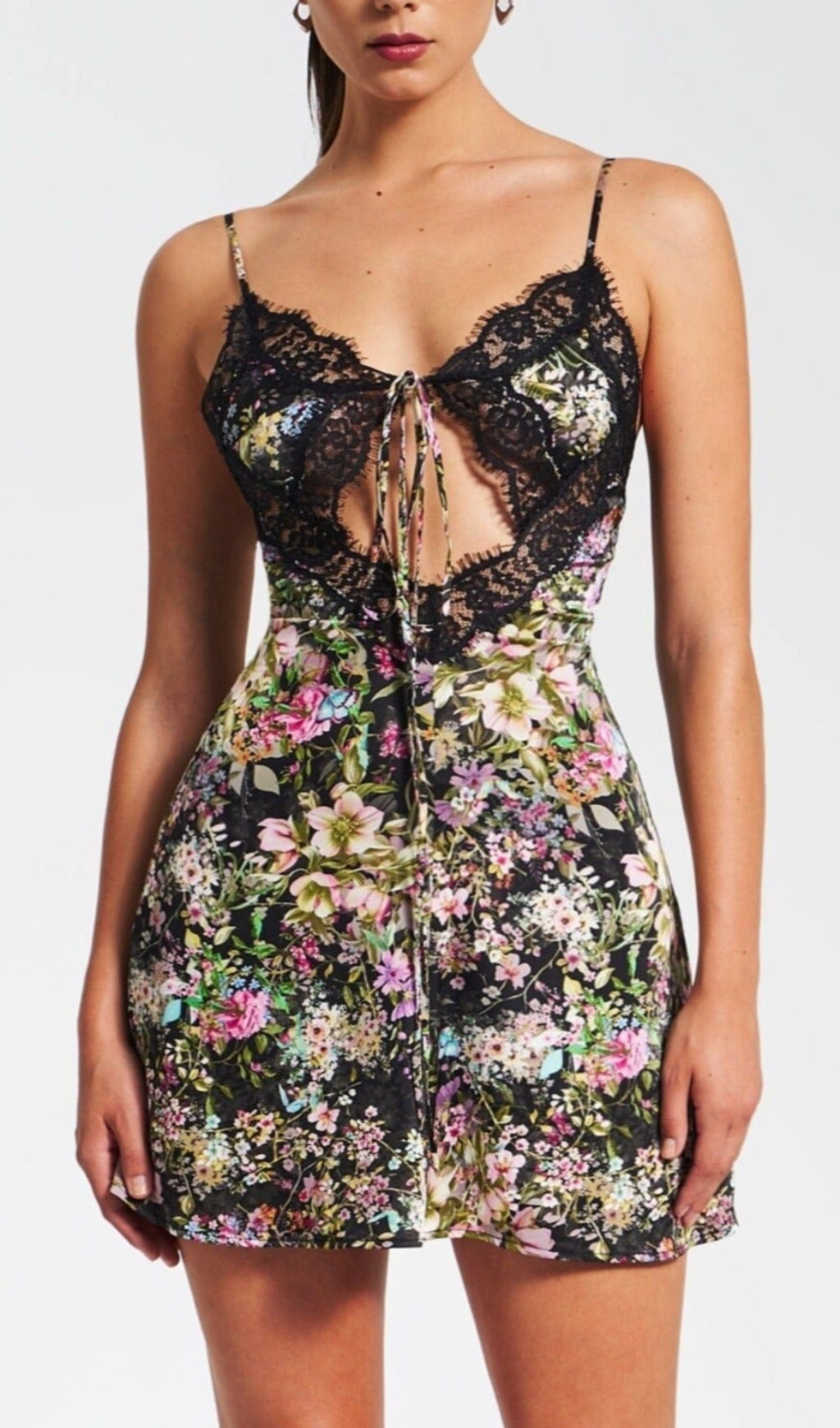 Flowering Girl Women Floral Print Satin Mini Dress With Lace Trim