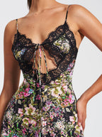 Flowering Girl Women Floral Print Satin Mini Dress With Lace Trim