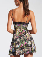 Flowering Girl Women Floral Print Satin Mini Dress With Lace Trim