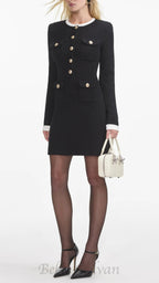 Flowering Girl Women Black Knit Contrast Collar Mini Dress