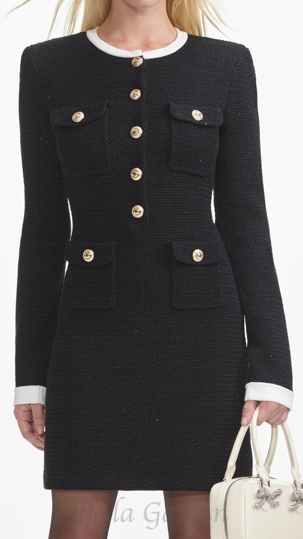 Flowering Girl Women Black Knit Contrast Collar Mini Dress