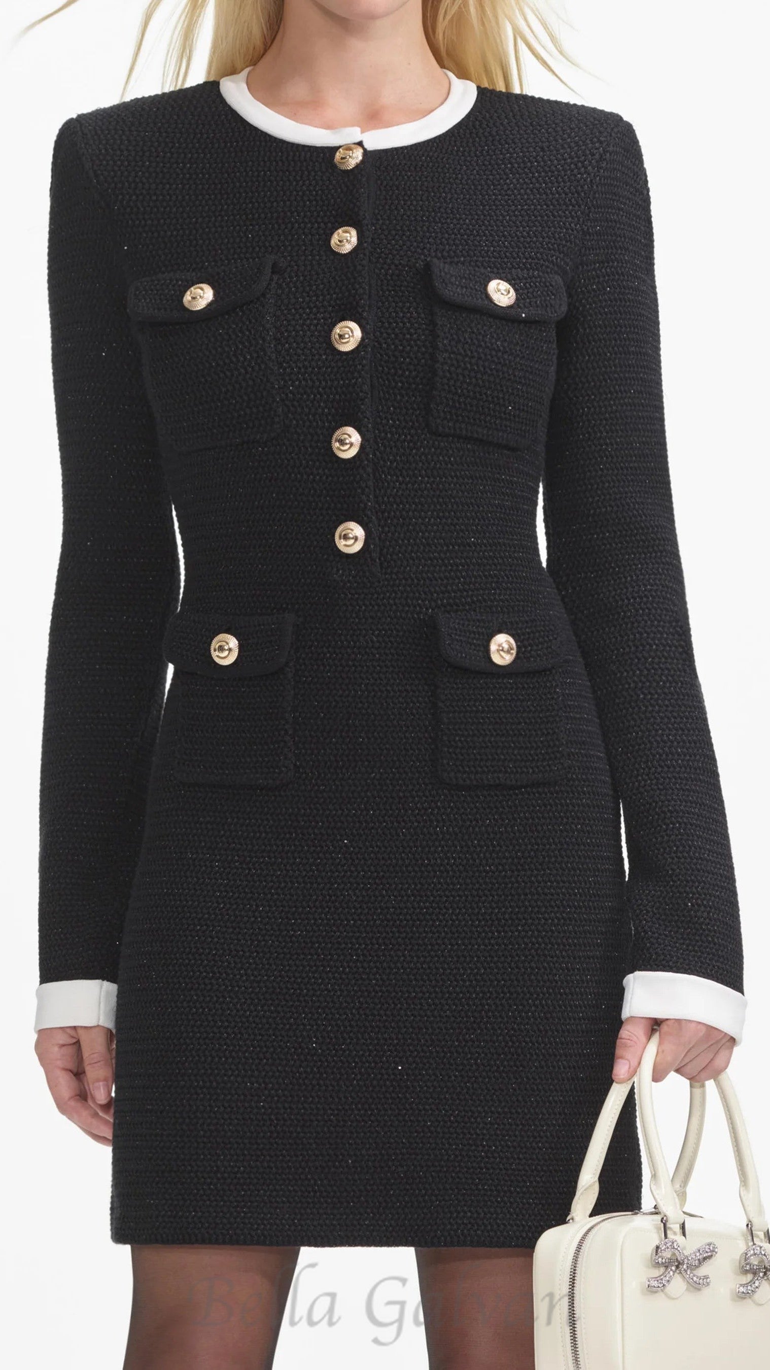 Flowering Girl Women Black Knit Contrast Collar Mini Dress