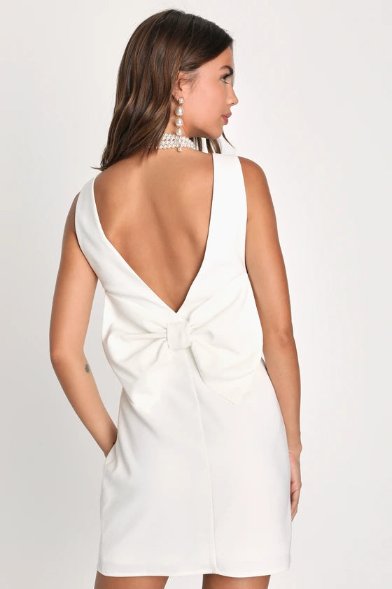 Flowering Girl Women Blissfully Beaming White Sleeveless Bow Mini Dress