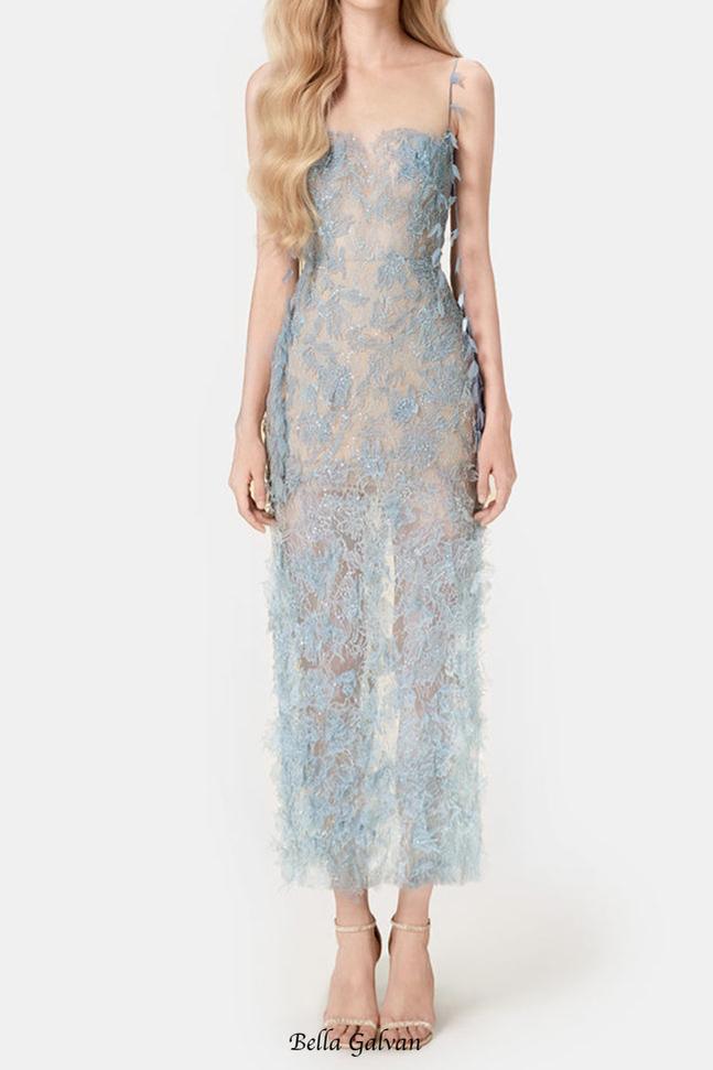 Flowering Girl Women BLUE BEADED LACE PENCIL MIDI DRESS