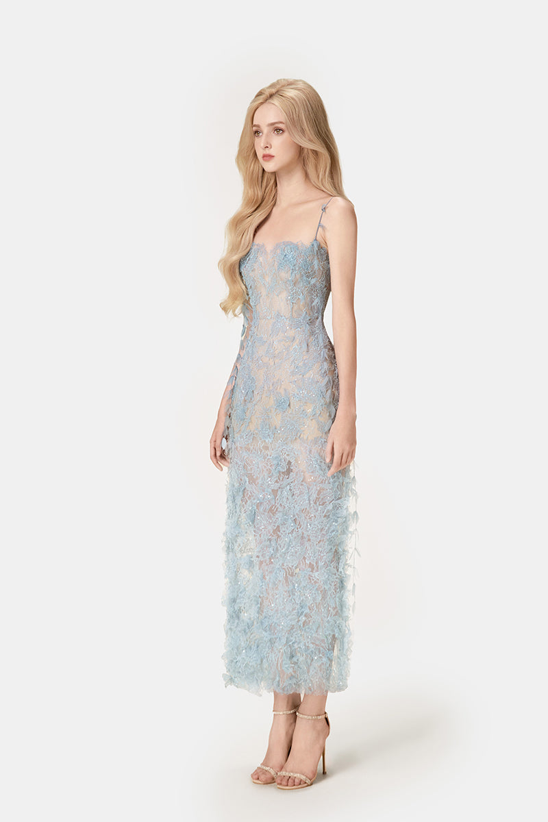 BLUE BEADED LACE PENCIL MIDI DRESS