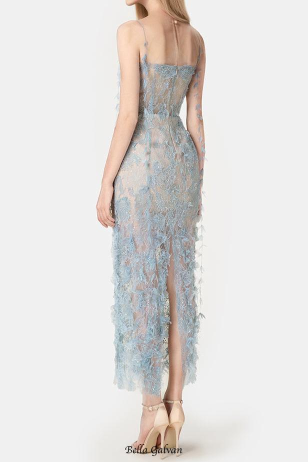 Flowering Girl Women BLUE BEADED LACE PENCIL MIDI DRESS