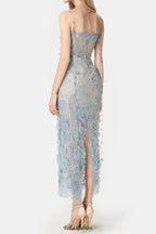 Flowering Girl Women BLUE BEADED LACE PENCIL MIDI DRESS