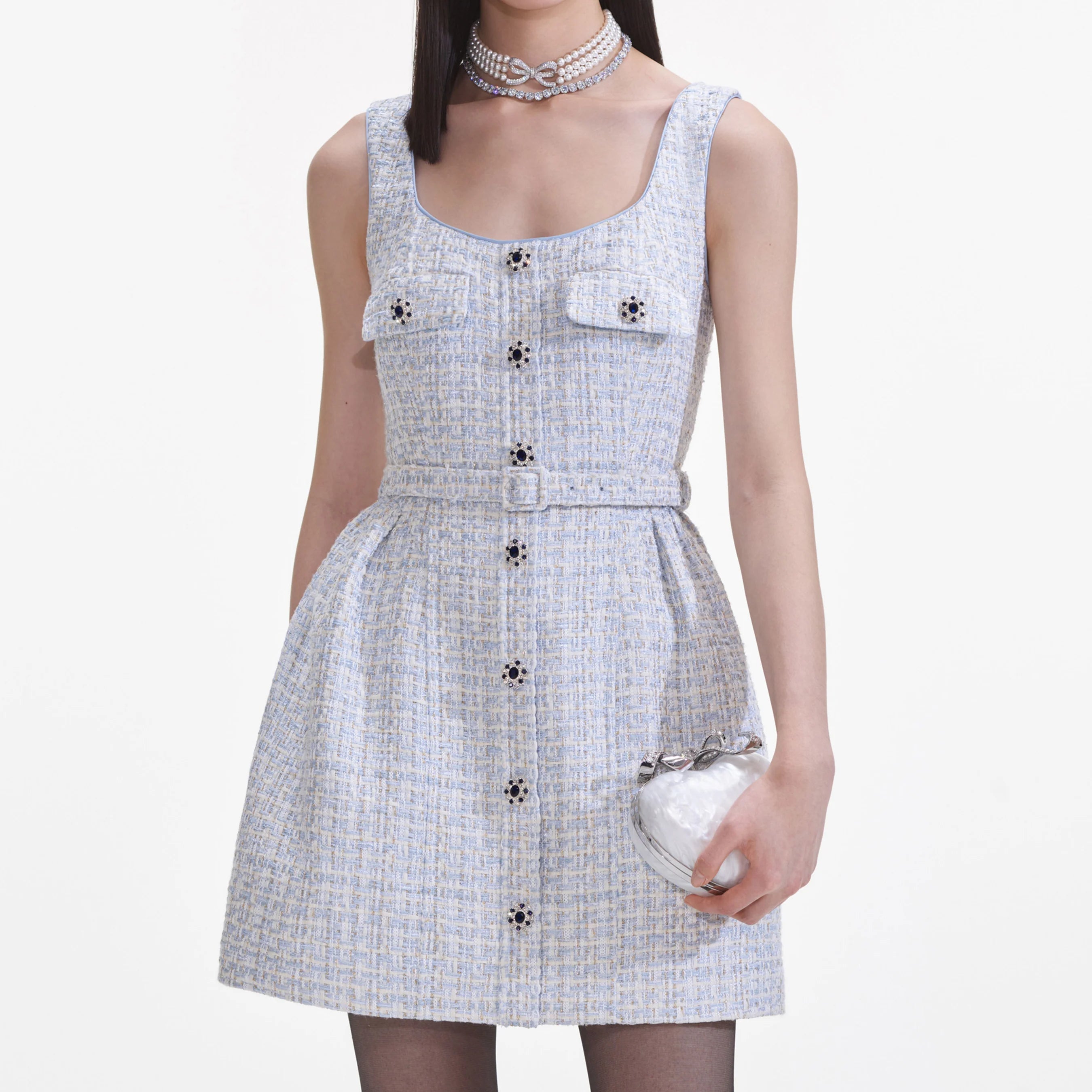 Flowering Girl Women Blue Boucle Sleeveless Mini Dress